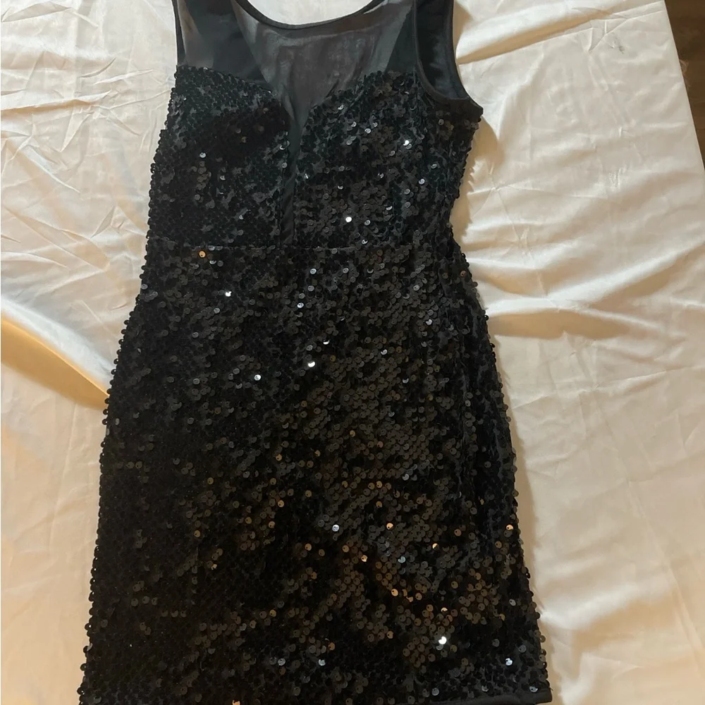 Privately Privileged Black Sequin Mini Dress Illusion Mesh Party Cocktail - Picture 3 of 9